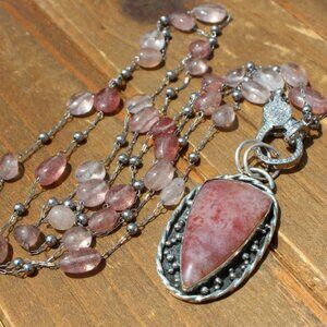 Enchanting Strawberry Quartz Double-Row Necklace with Artisan Pendant – 20 Inche